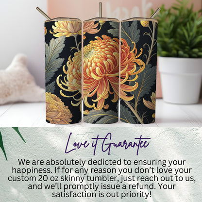 Yellow Orange Chrysanthemum Floral Artwork on Black Tumblers - Walk Greener