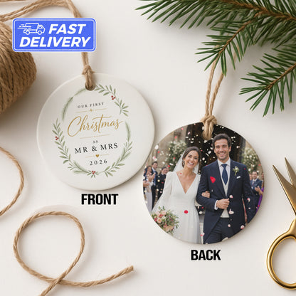 Custom wedding ornament featuring "Our First Christmas as Mr & Mrs 2026" and a wedding photo.