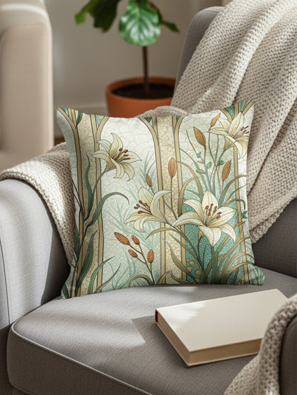 Floral Beauty Lilies Within Arches on Light Green Throw Pillows - Walk Greener