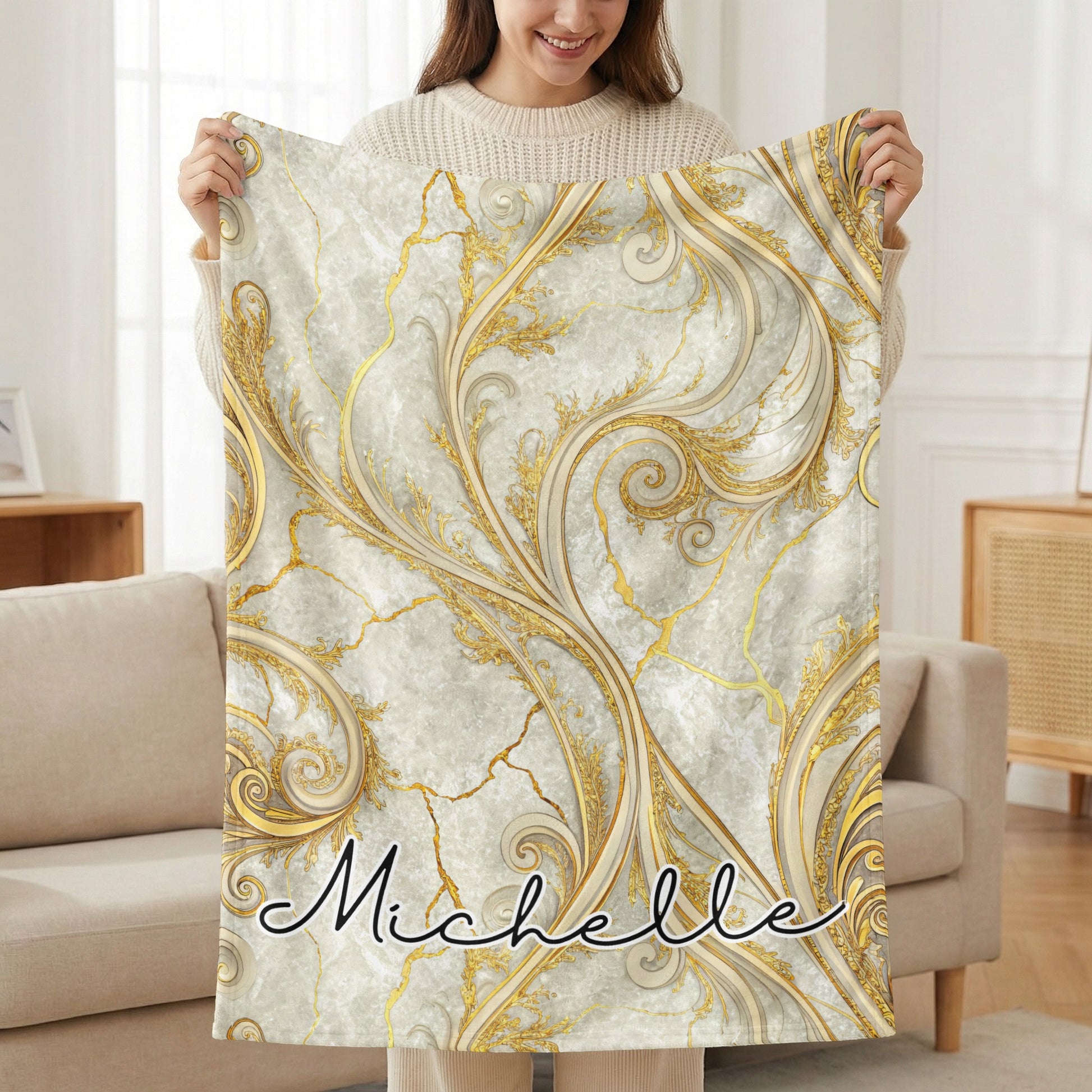 Michelle Elegant Gold and Marble Swirl Design Blanket