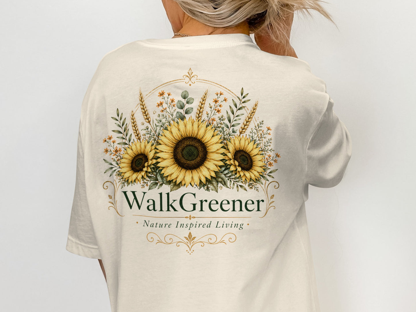 Cream t-shirt with sunflowers and "WalkGreener Nature Inspired Living" graphic.