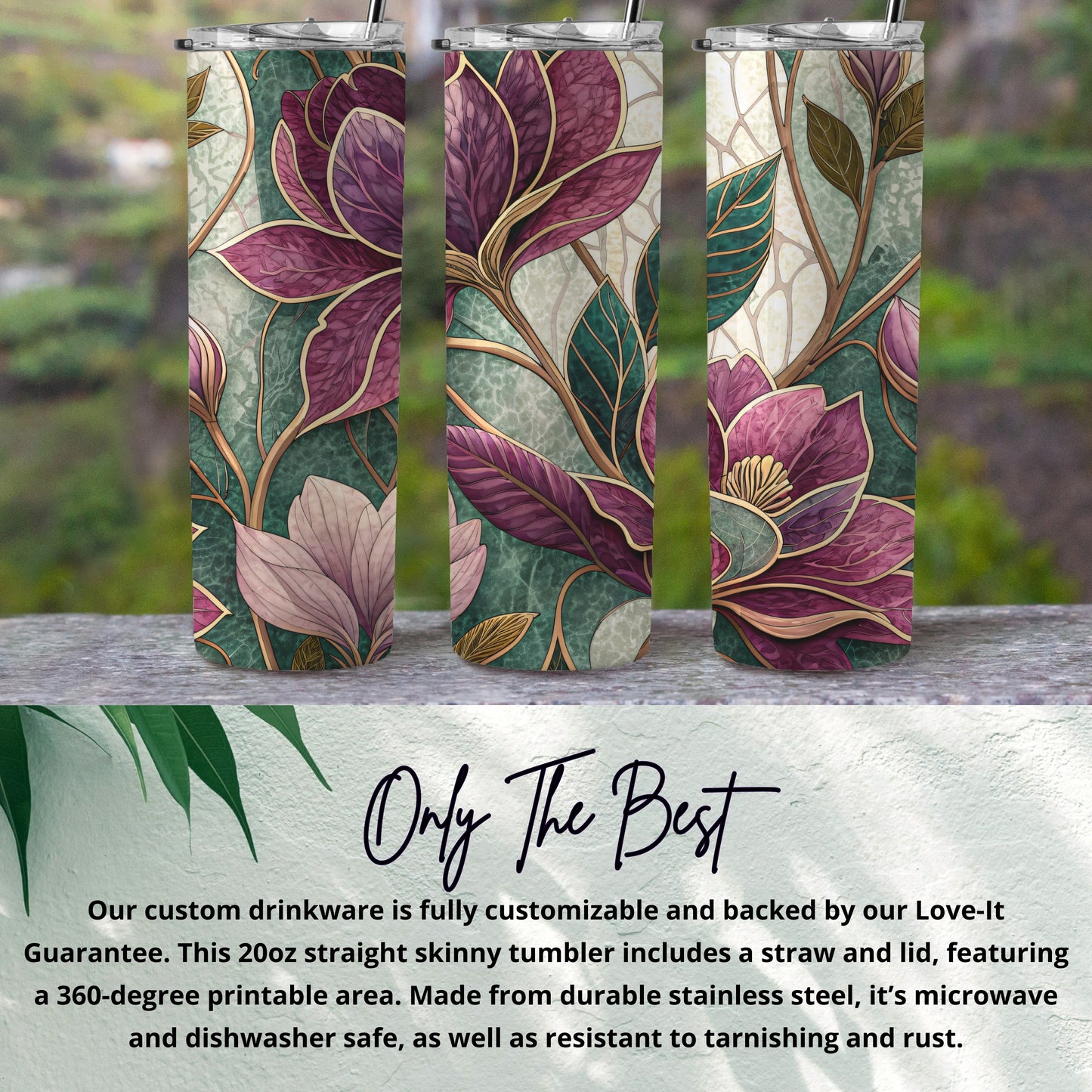 Abstract Floral Design with Gold Outlines and Lush Colors 20 oz Skinny Tumbler - Walk Greener