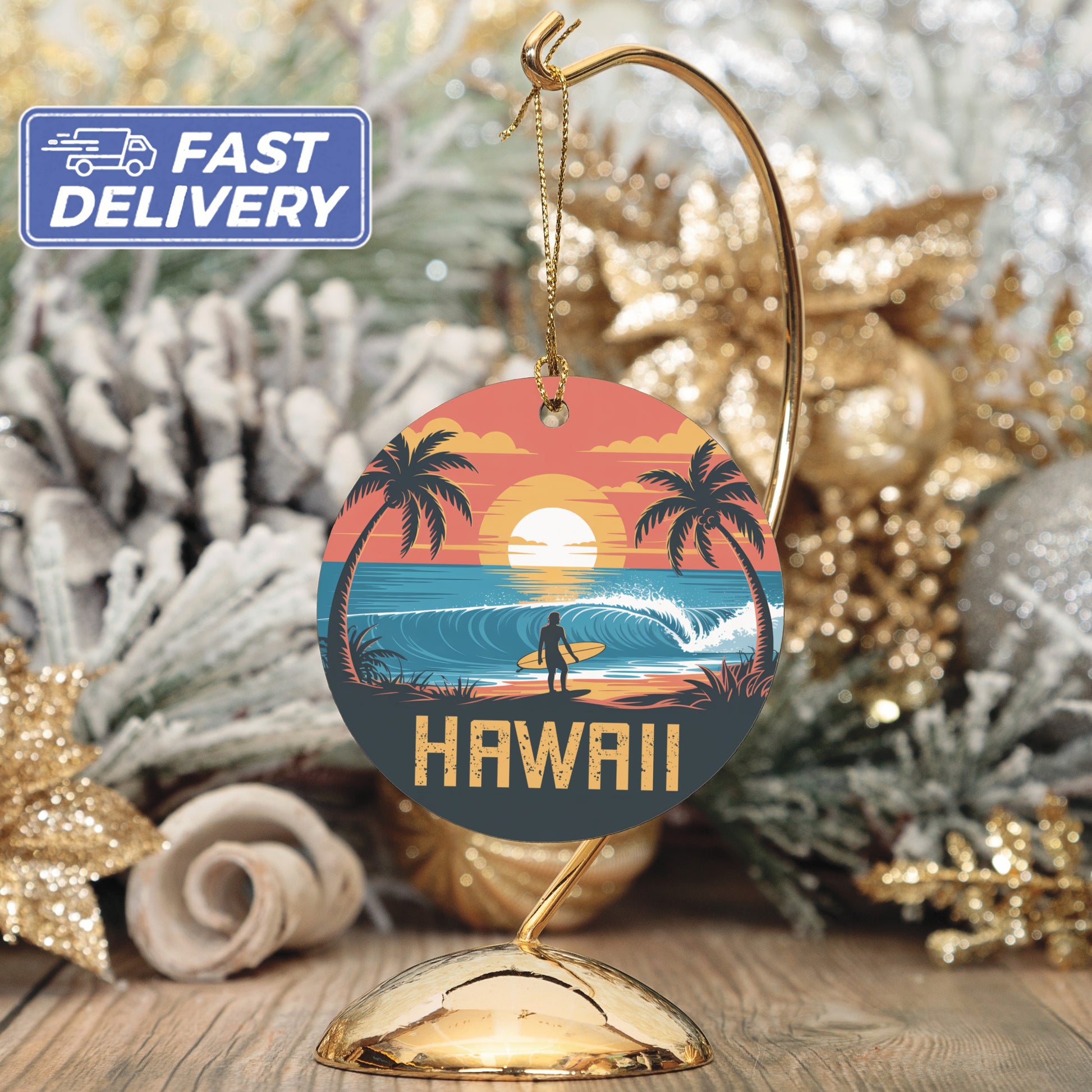 Hawaii Sunset Surfer Vacation Ornament product type
