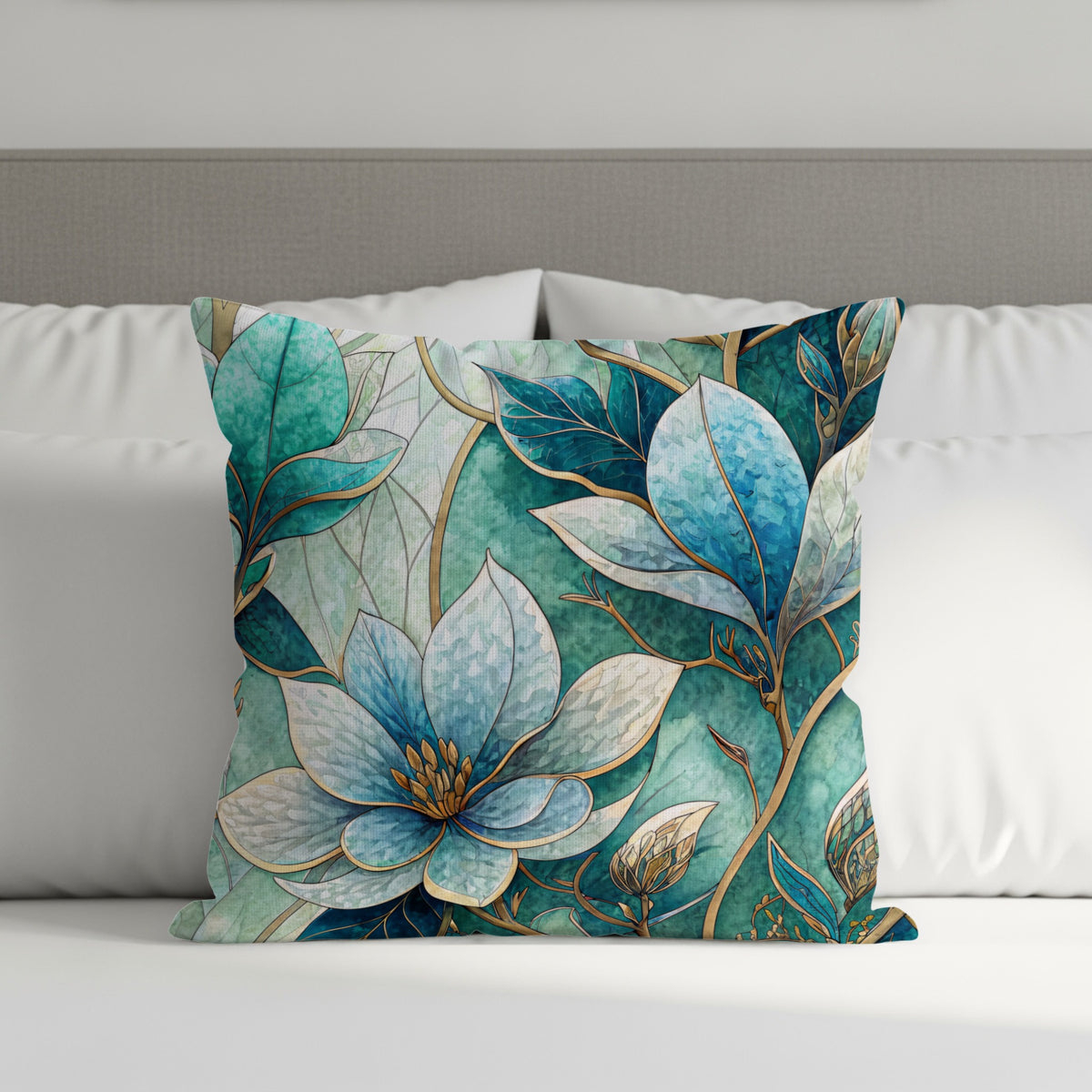 Floral Fantasy in Blue Green Artistic Style Throw Pillows - Walk Greener