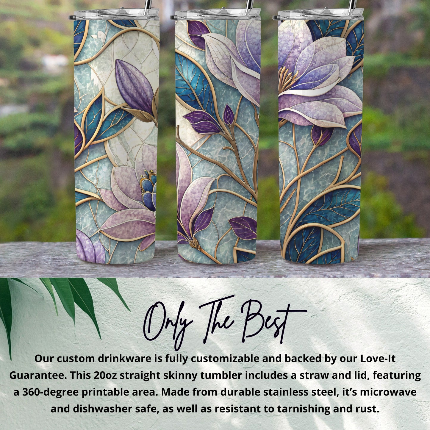 Purple Blooms on Turquoise Backdrop Design 20 oz Skinny Tumbler - Walk Greener