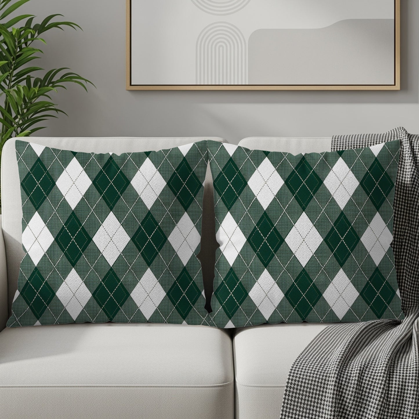Green and White Argyle Pattern Decorative Pillow