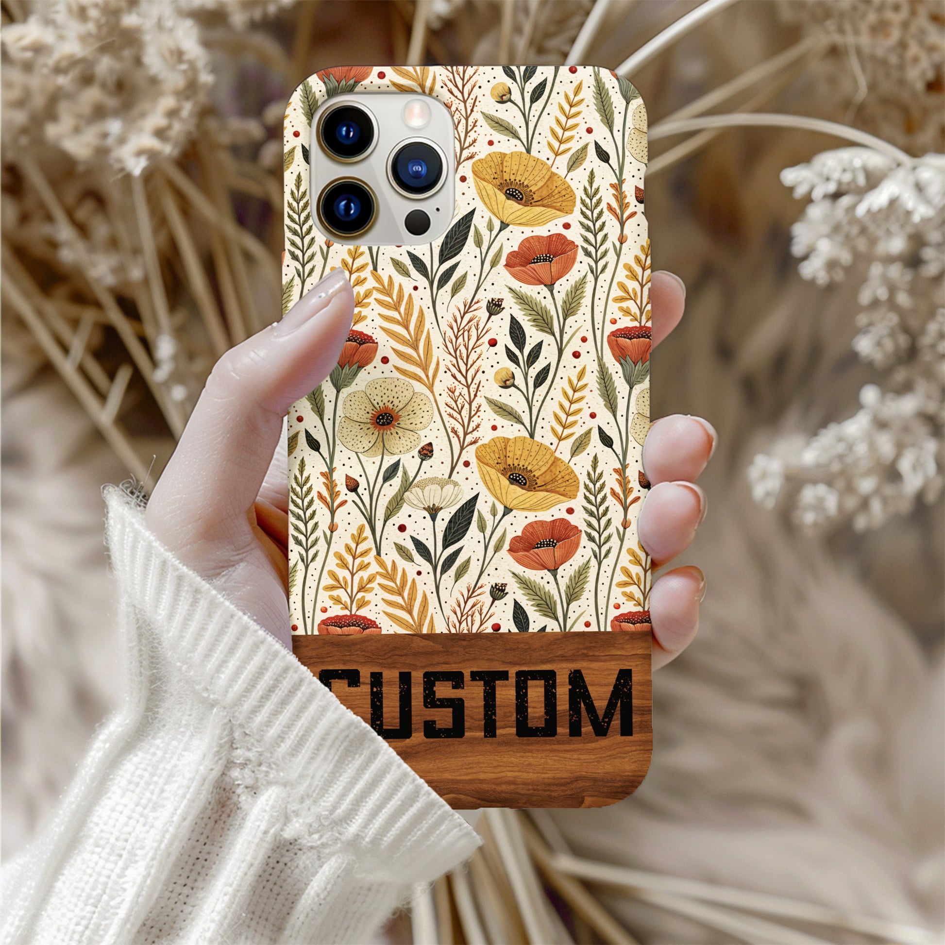 Custom Floral Pattern Phone Case with Wooden Text Detail
