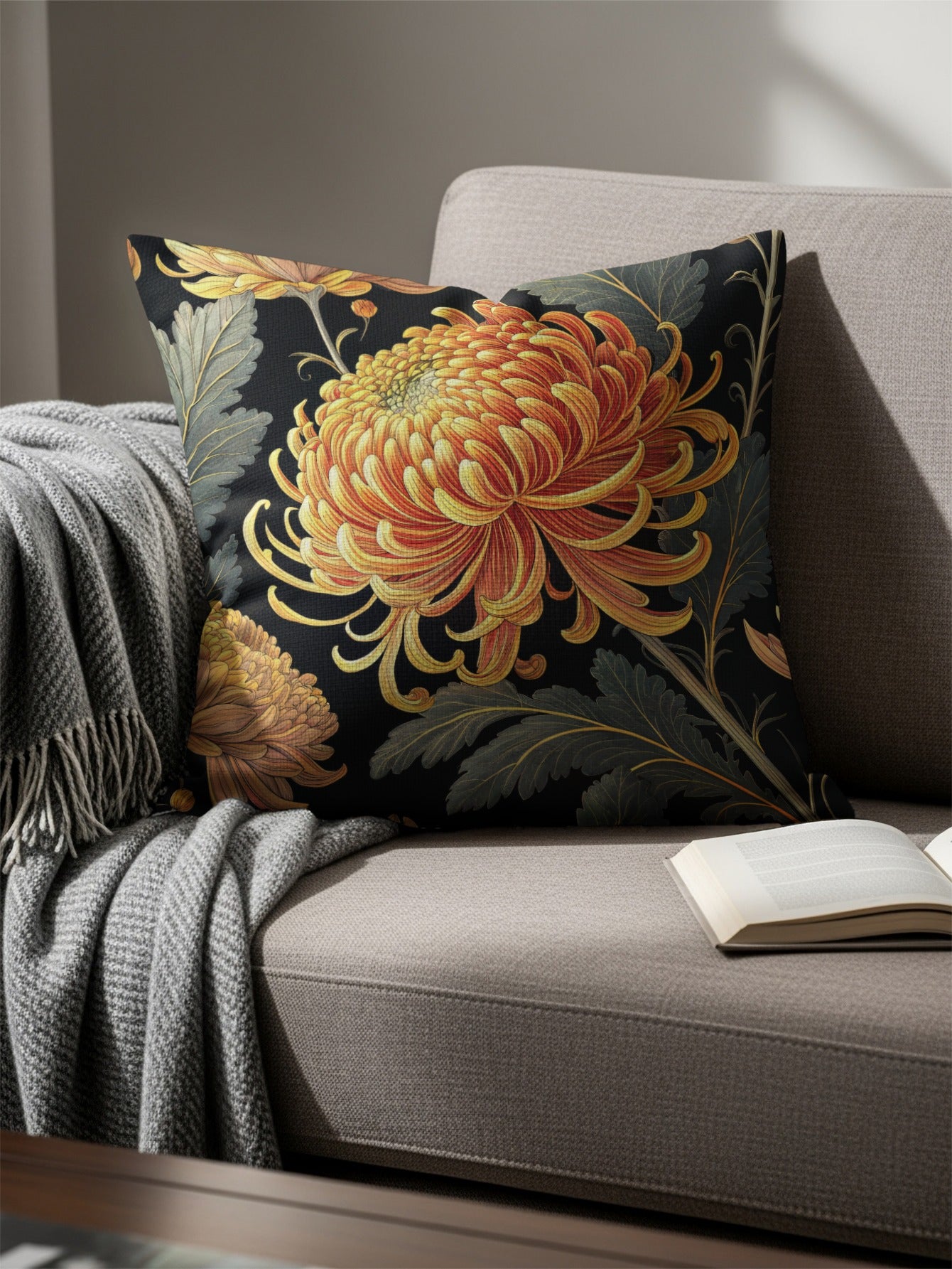 Elegant Floral Cushion Cover with Bold Chrysanthemum Design