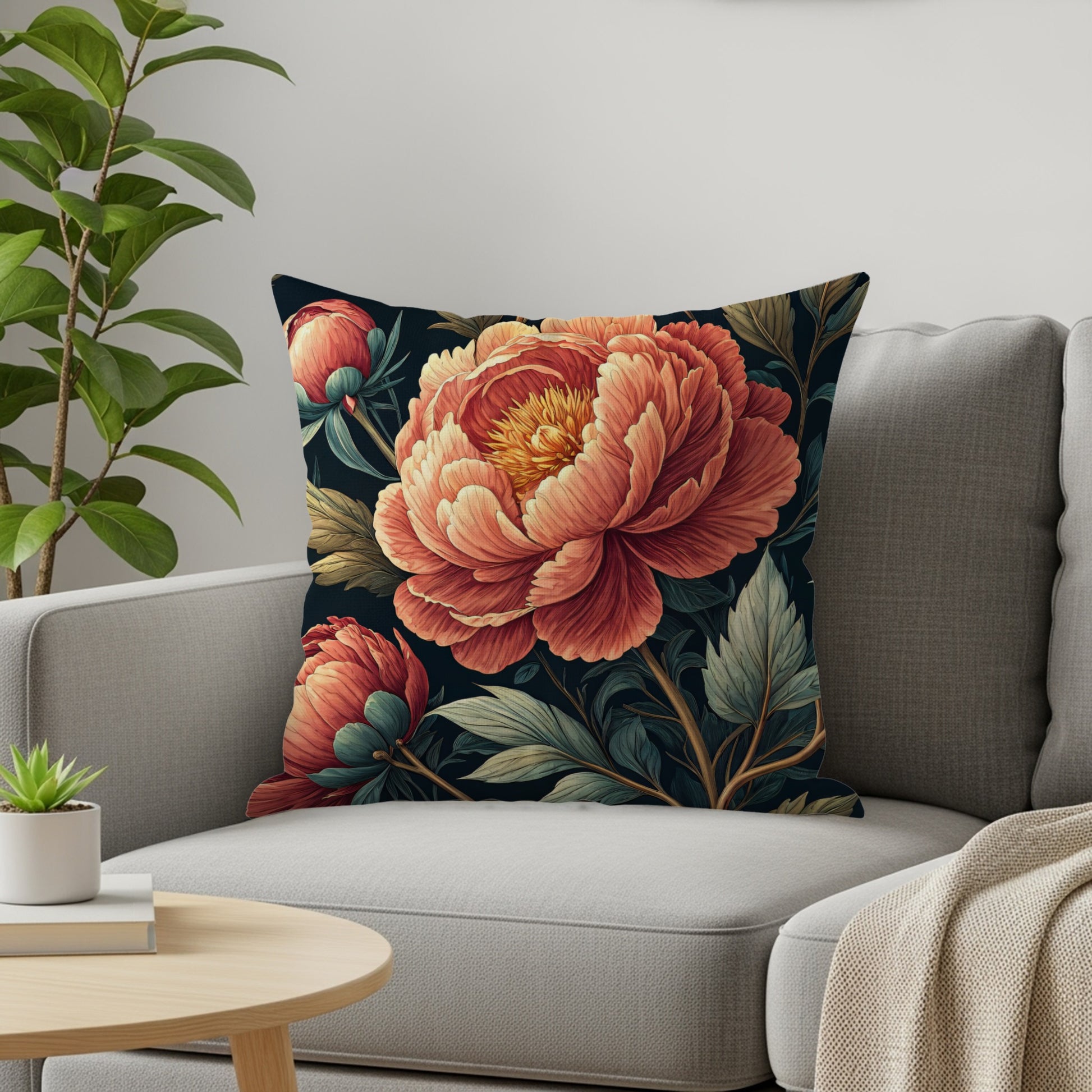 Elegant Floral Art Peonies with Dark Background Decorative Floral Throw Pillows - Walk Greener