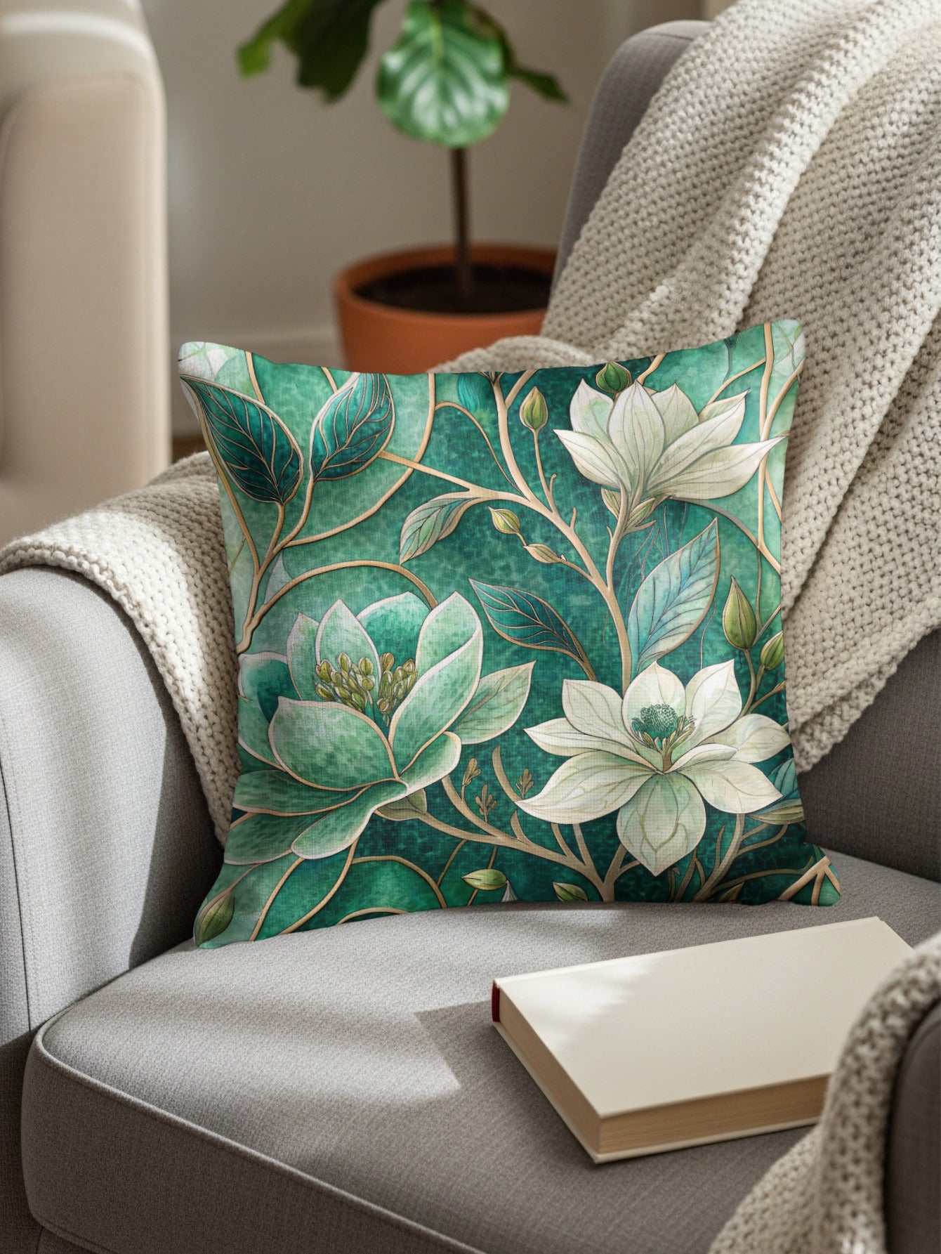 Floral Stained Glass Art Nouveau Style Pattern Throw Pillows - Walk Greener