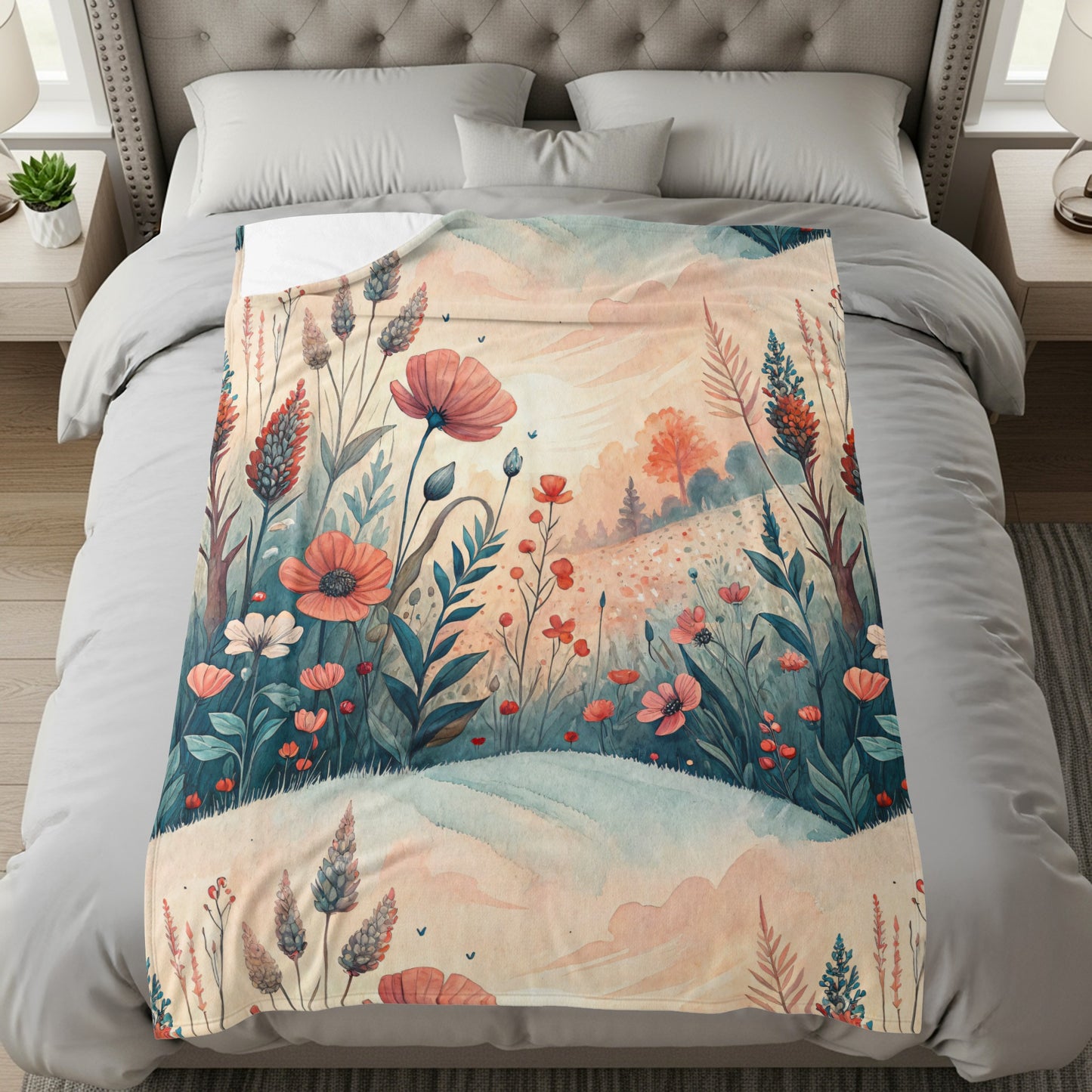 Floral Meadow in Watercolor Style Art Print Velveteen Plush Blankets - Walk Greener