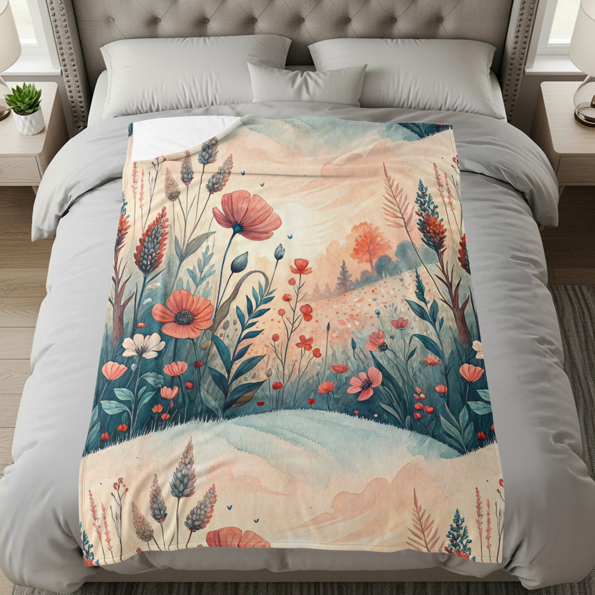 Floral Meadow in Watercolor Style Art Print Velveteen Plush Blankets - Walk Greener
