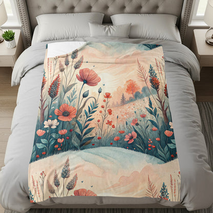 Floral Meadow in Watercolor Style Art Print Velveteen Plush Blankets - Walk Greener