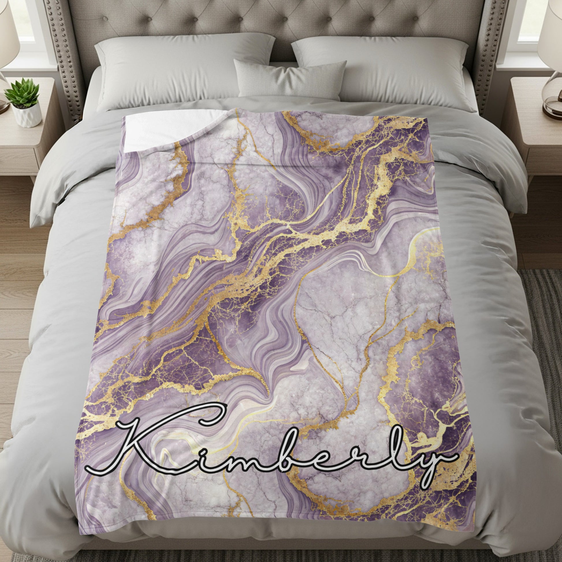 Personalized Purple and Gold Marble Design Blanket