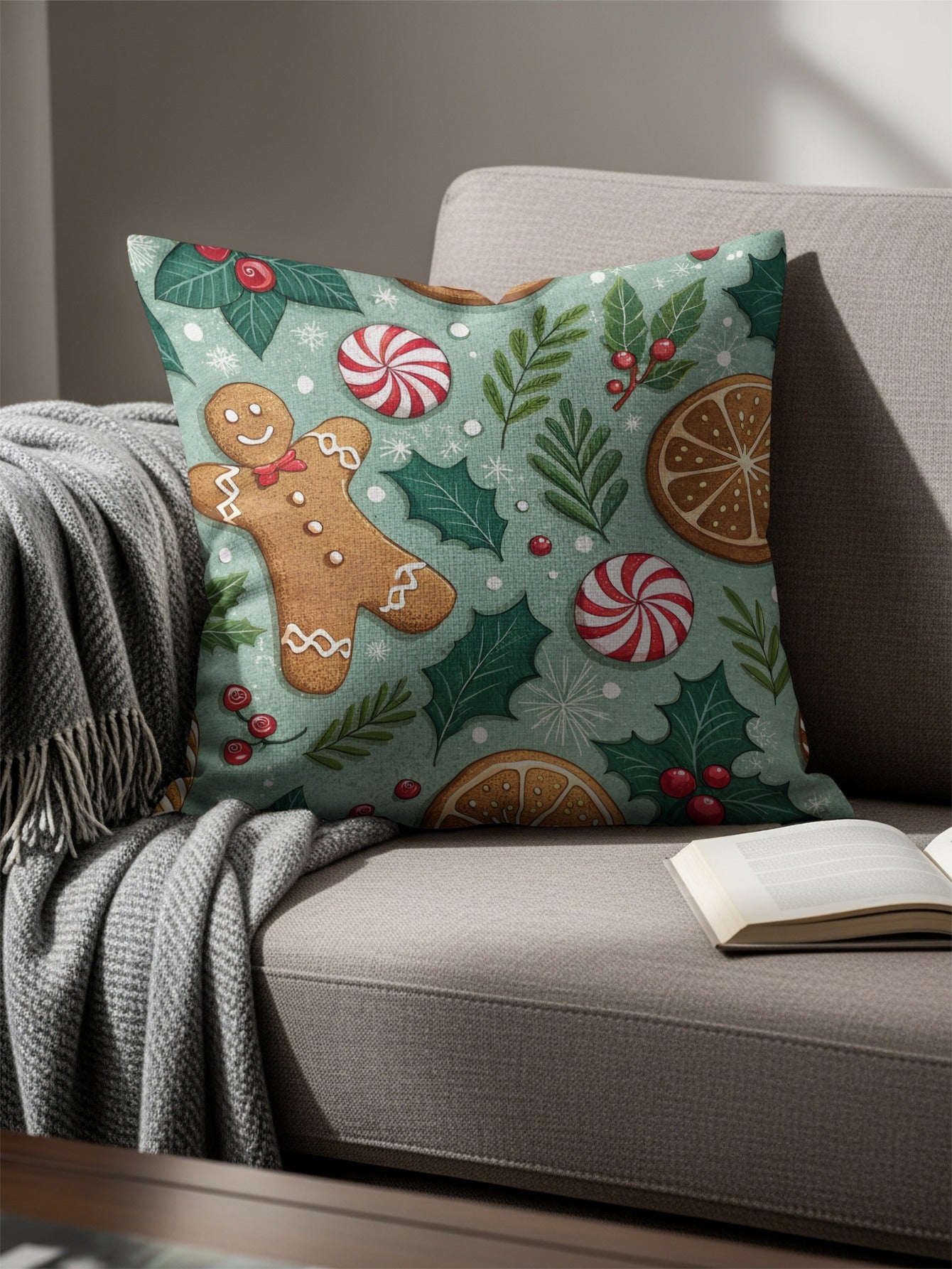 Festive Gingerbread and Peppermint Pillow Cover