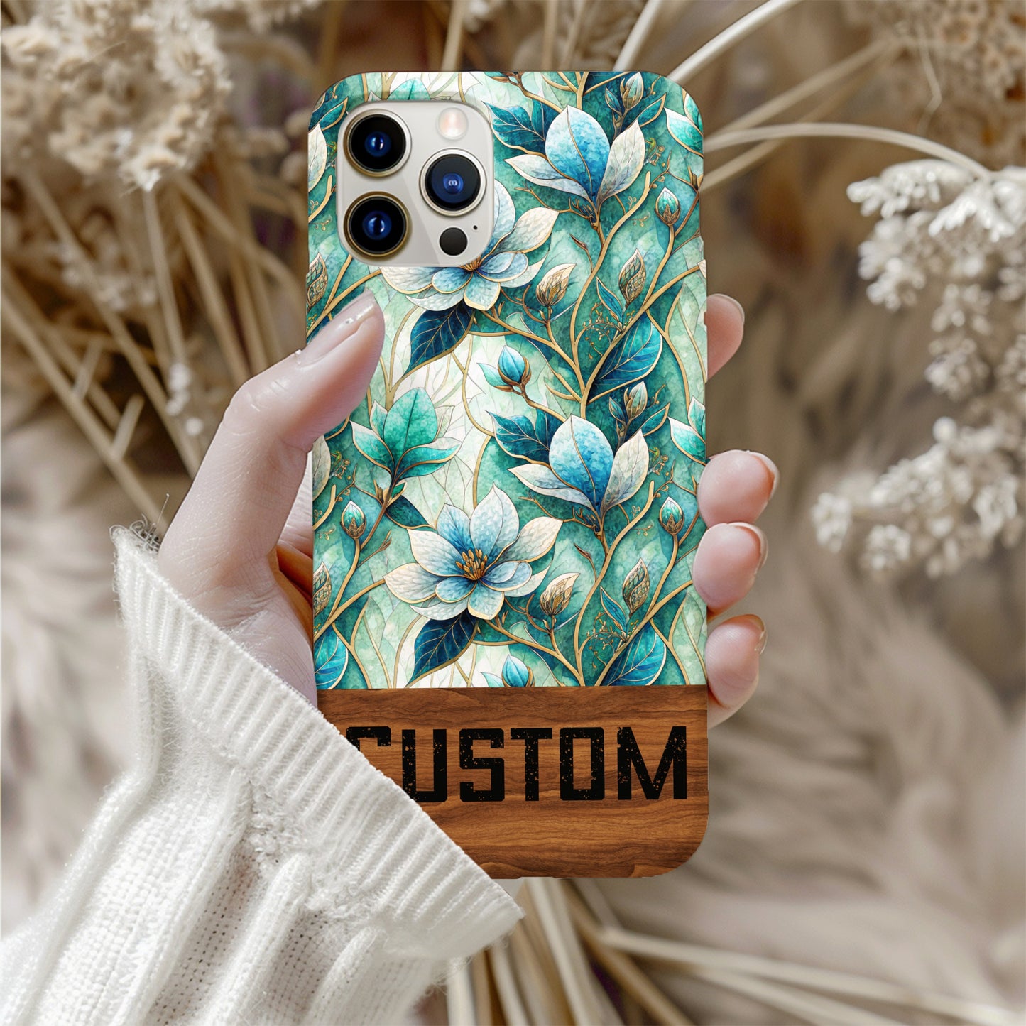 Custom Floral Design Phone Case with Green and Blue Flowers