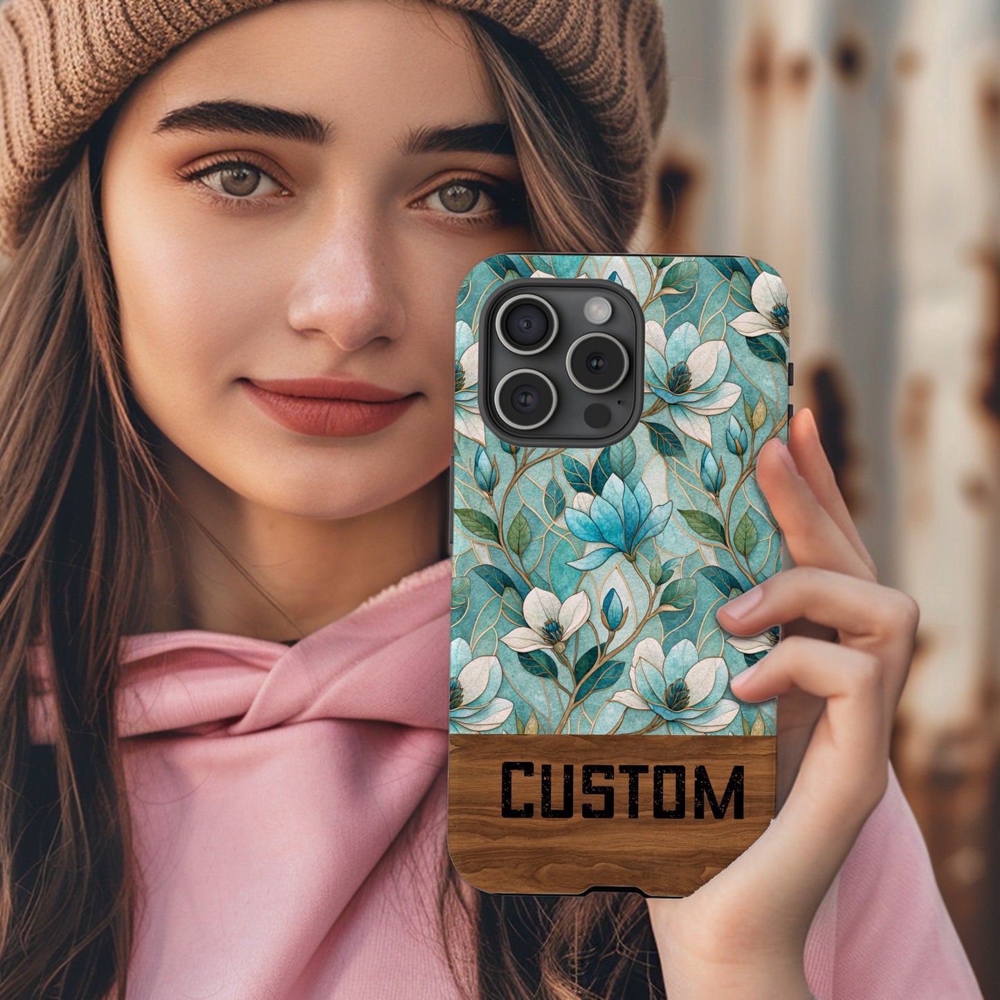 Custom Floral Pattern with Wood Design Phone Case