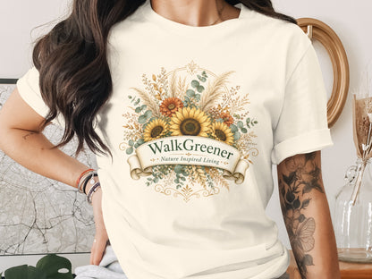 Cream t-shirt with WalkGreener Nature Inspired Living sunflower and floral design.