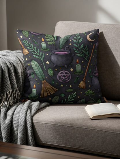 Witchcraft Pattern With Cauldron Moon Stars Pentagrams Throw Pillows - Walk Greener