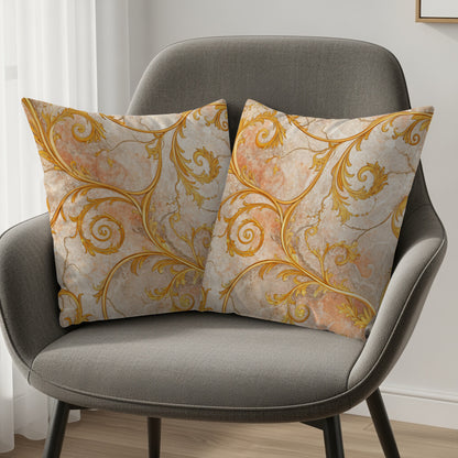 Golden Floral Swirls Over Faux Marble Decorative Floral Throw Pillows - Walk Greener