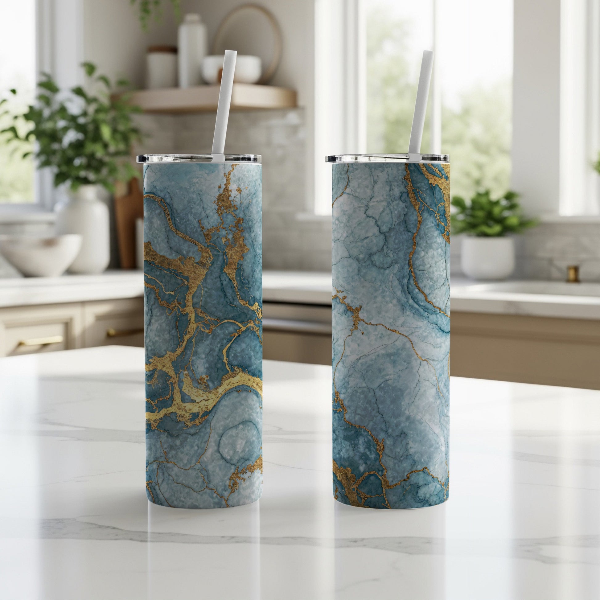 Elegant Blue Marble Design Insulated Tumbler Cup