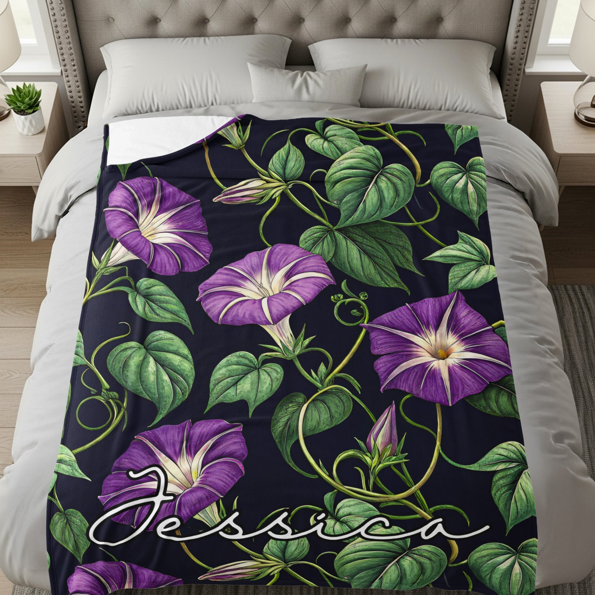 Personalized Floral Print Blanket Purple Flowers