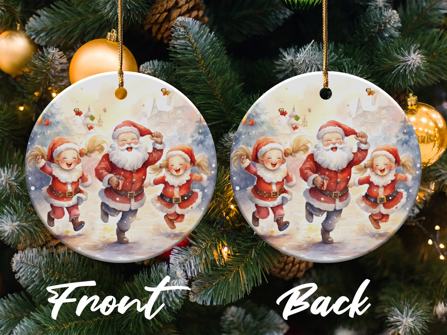 Festive Santa and Kids Dancing Round Ornament product
