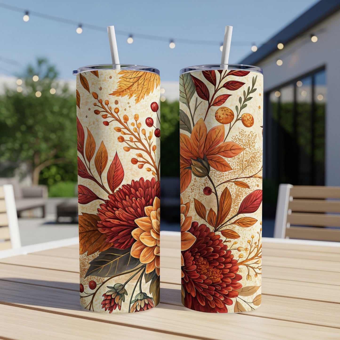 Autumn Flower Print Tumbler Cup with Straw