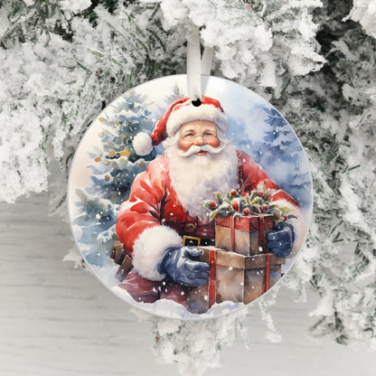 Santa Claus Holding Gift in Snowy Scene Ornament product type