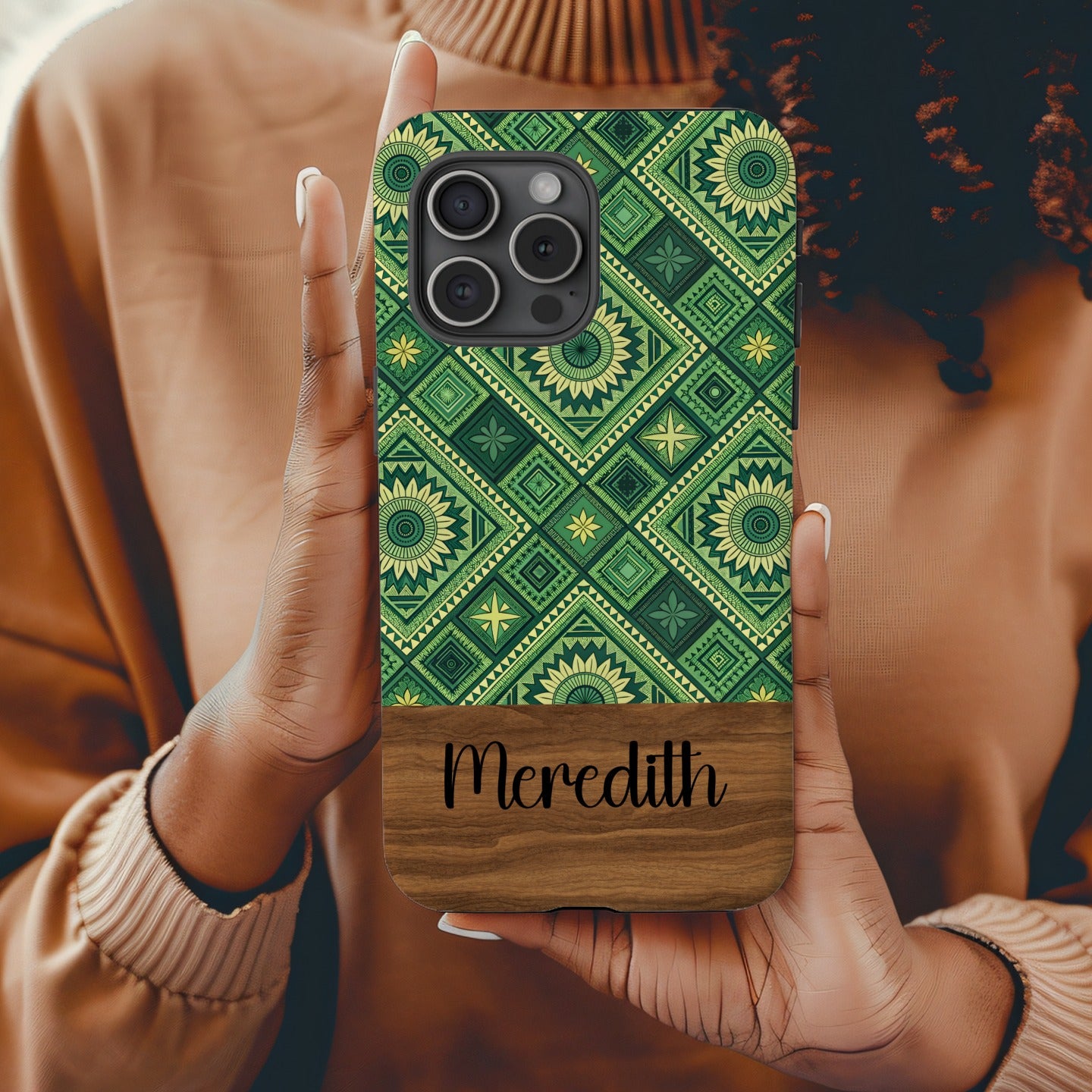 Geometric Green and Yellow Pattern with Custom Name Case - Walk Greener