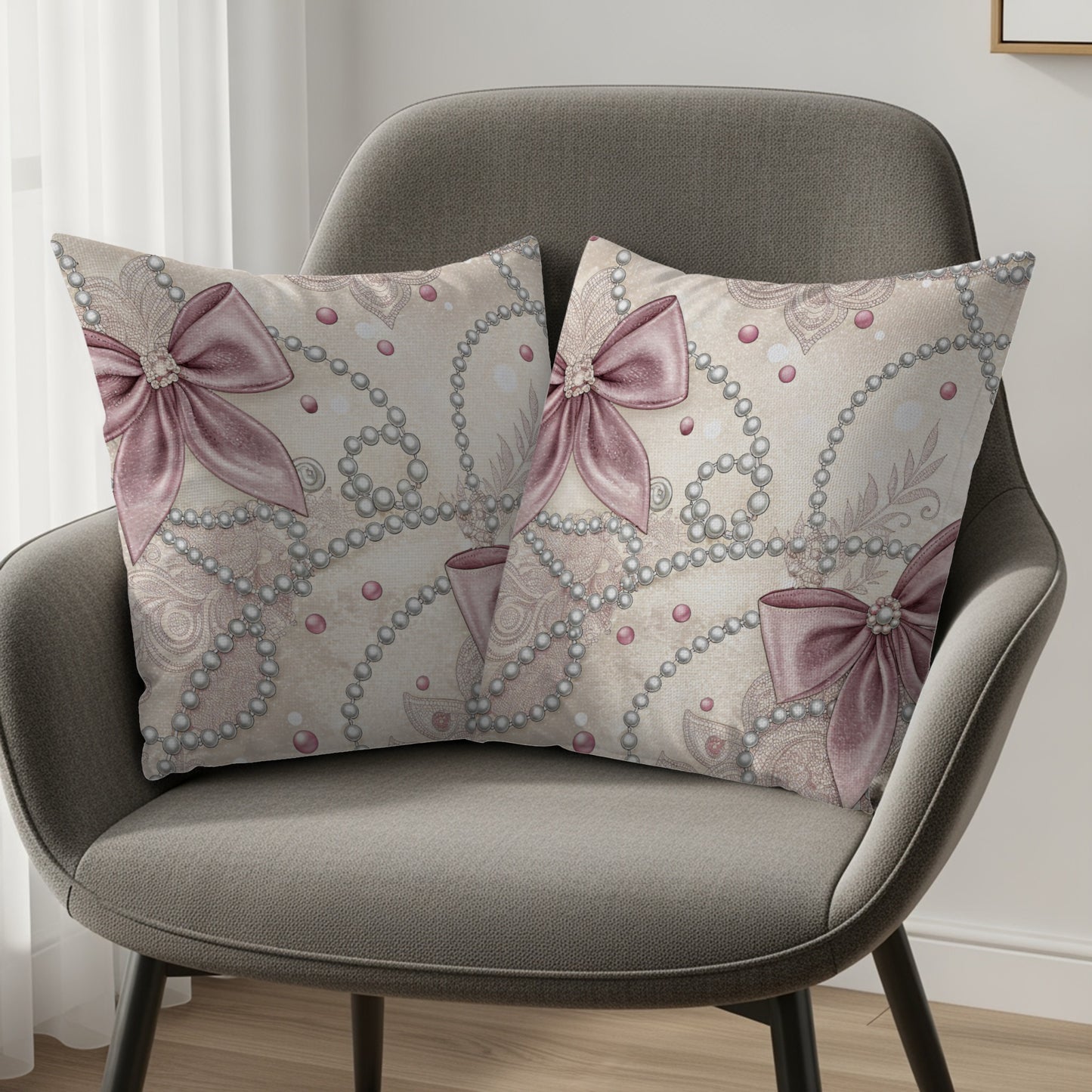 Elegant Pink Bow and Pearl Decorative Pillow Set