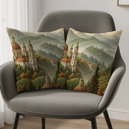 Scenic Mountain Castle Landscape Throw Pillow Set