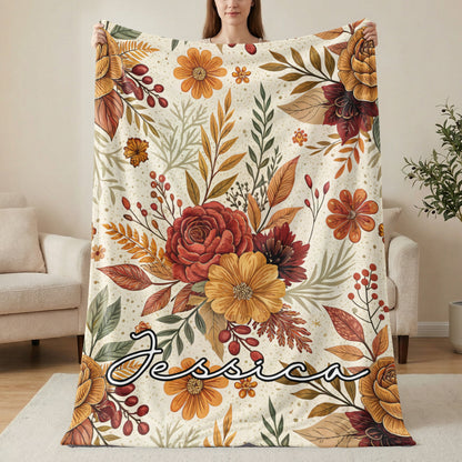 Personalized Floral Jessica Blanket With Autumn Colors Design