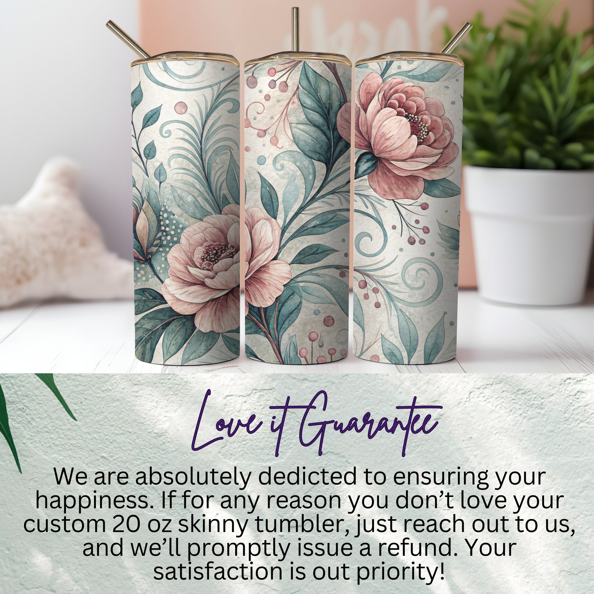 Watercolor Floral Elegant Roses and Leaves Design 20 oz Skinny Tumbler - Walk Greener