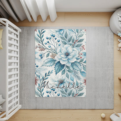 Personalized Blue Floral Nursery Rug with Name Michelle