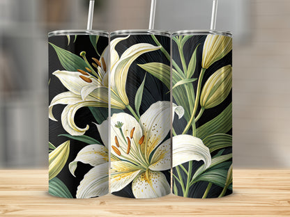 Close-up of white lily petals and orange stamens printed on a black stainless steel tumbler