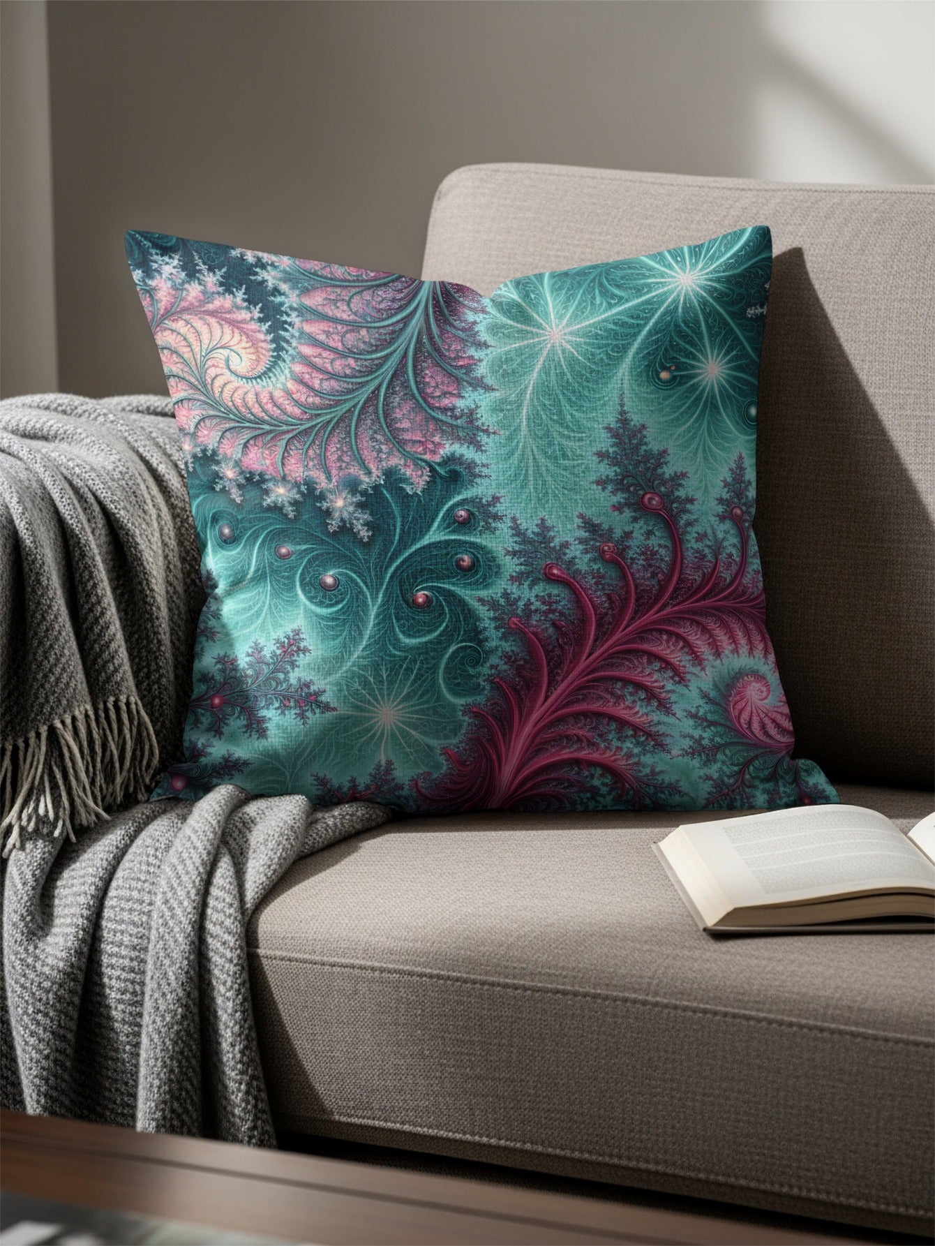 Turquoise Fractal with Pink Accent Design Decor Throw Pillows - Walk Greener