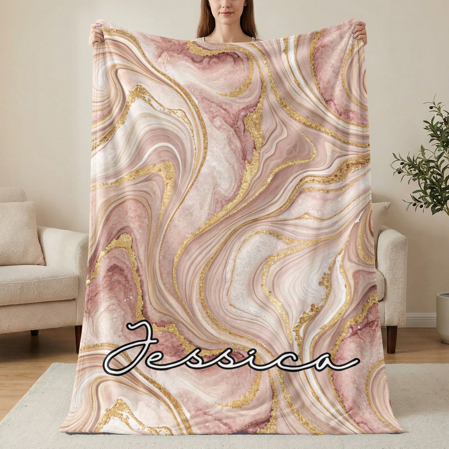 Custom Name Marbled Rose Design Personalized Blanket
