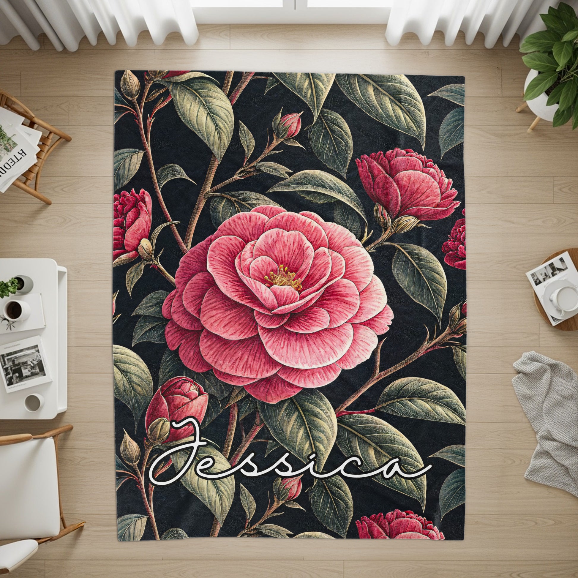 Personalized Floral Design Area Rug with Name Jessica