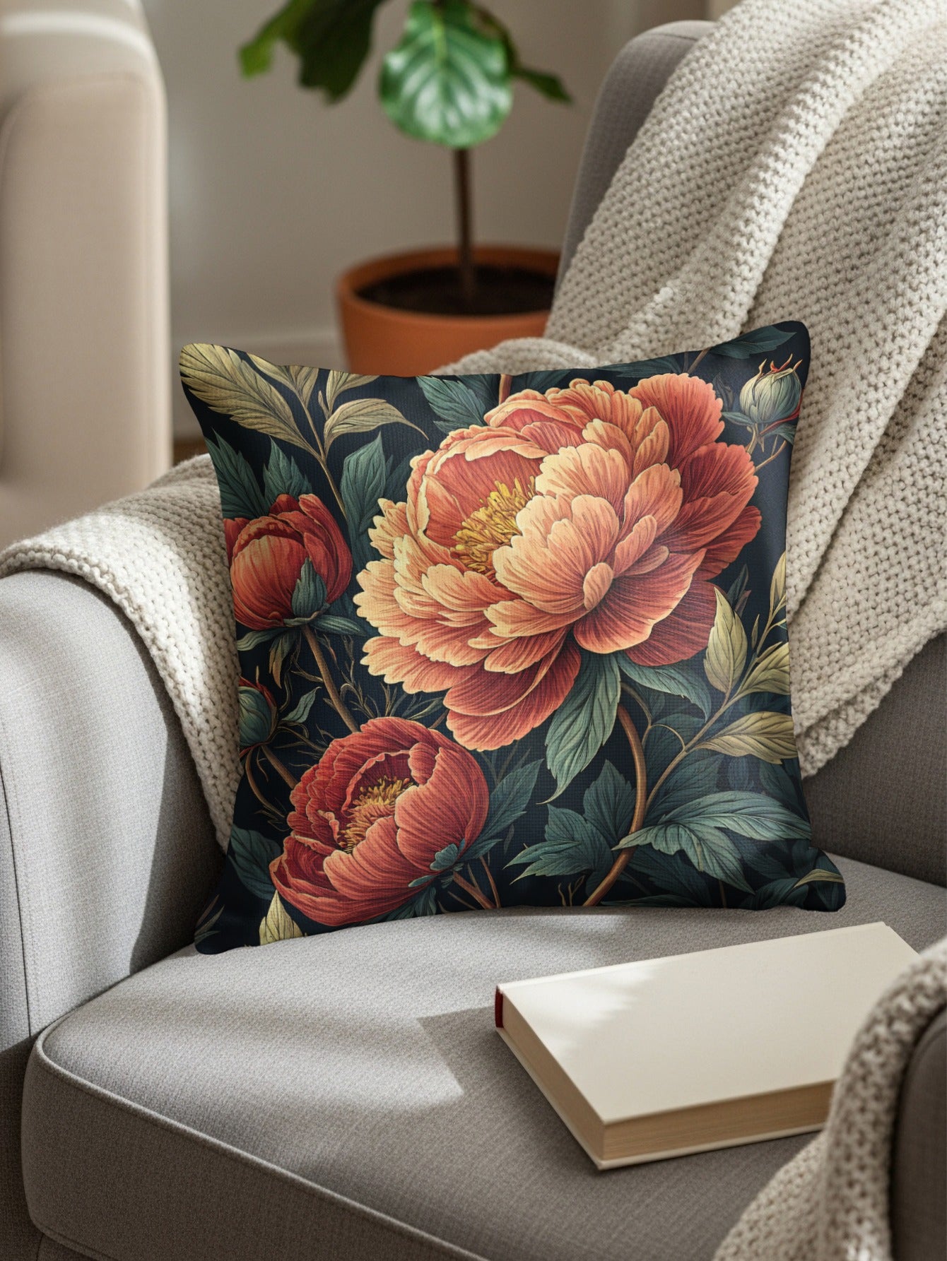Botanical Peony Garden Print in Coral and Teal Decorative Floral Throw Pillows - Walk Greener