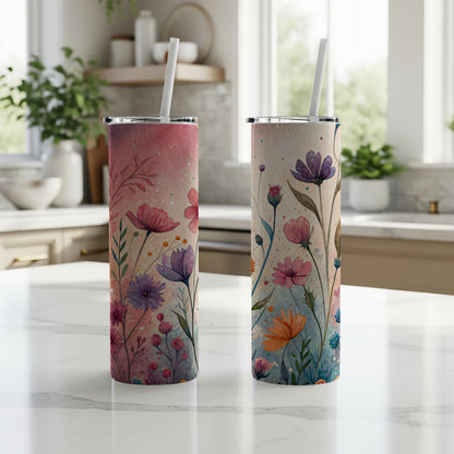 Watercolor Flowers On The Meadow Pink Purple 20 oz Skinny Tumbler - Walk Greener