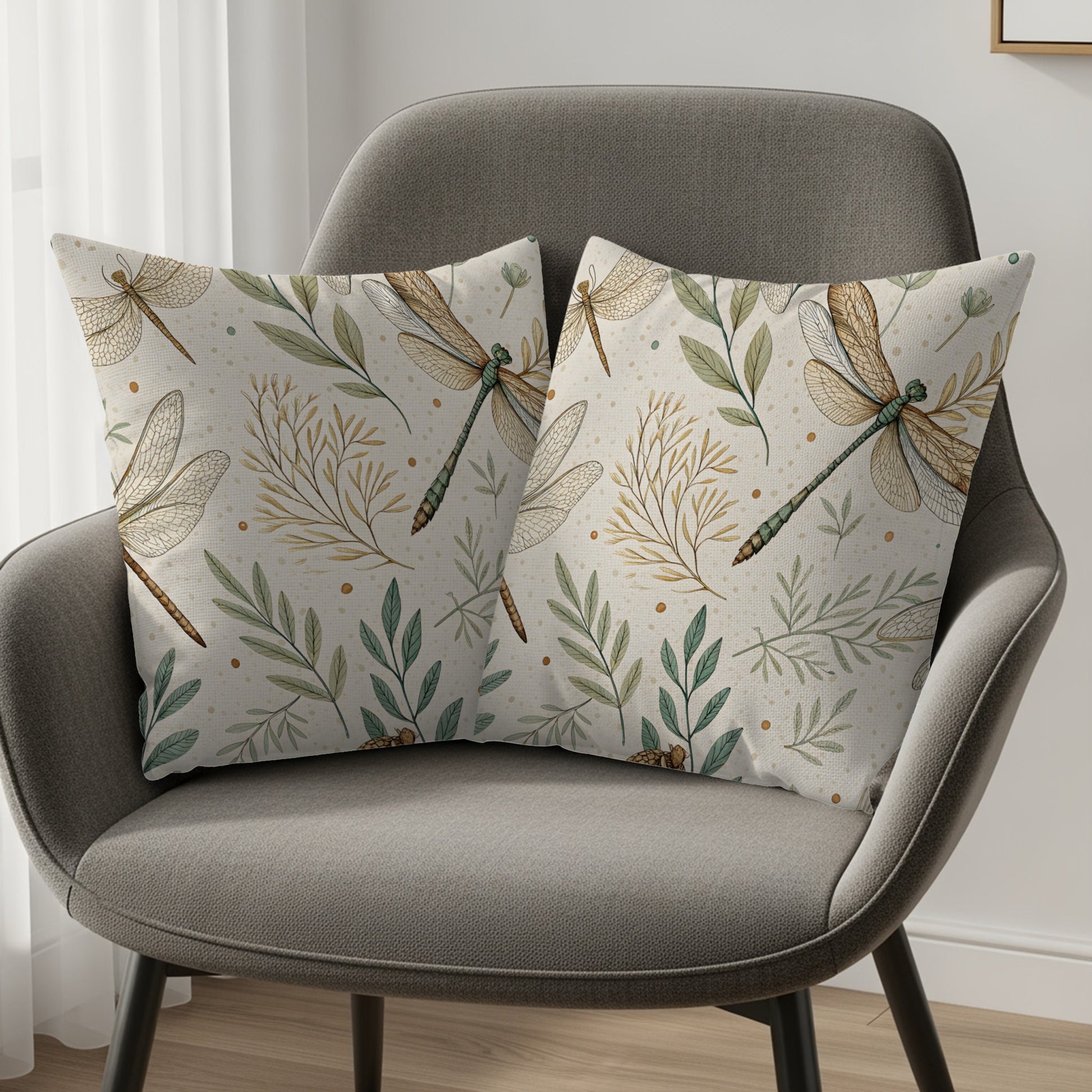 Dragonfly and Botanical Pattern Throw Pillow Set