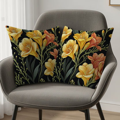 Orange Yellow Freesia Flowers Pattern Artistic Decorative Floral Throw Pillows - Walk Greener