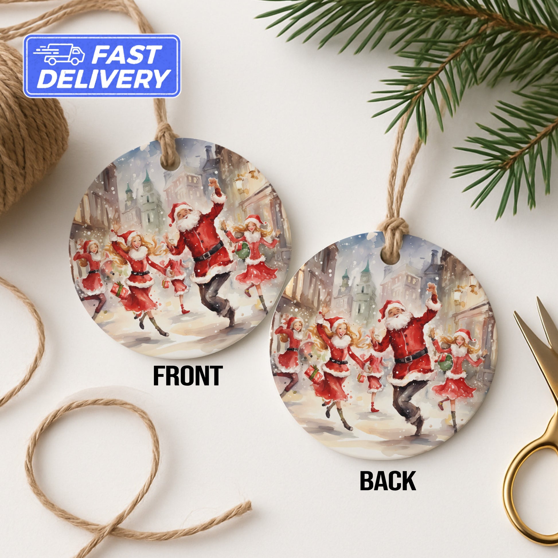 Christmas Santa Dance Scene Double Sided Ornament Product