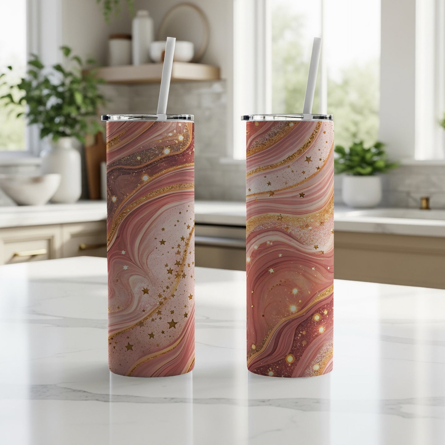 Pink and Gold Swirl Design with Stars Tumbler Cup