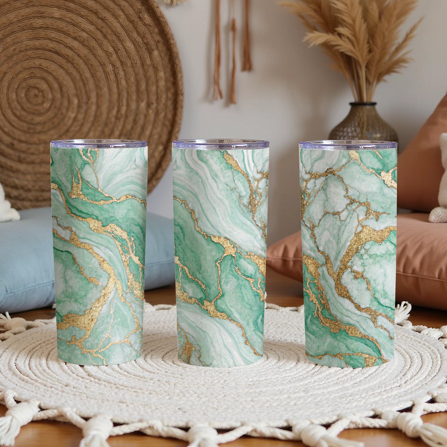 Elegant Green Marble and Gold Design Tumbler Set