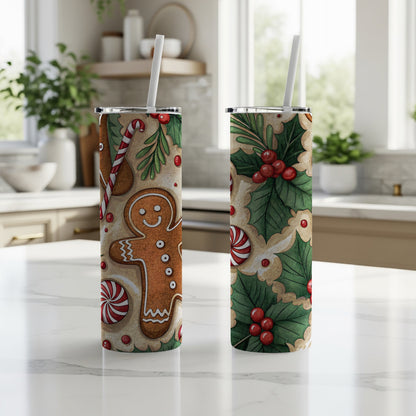 Festive Gingerbread and Holly Patterned Tumbler