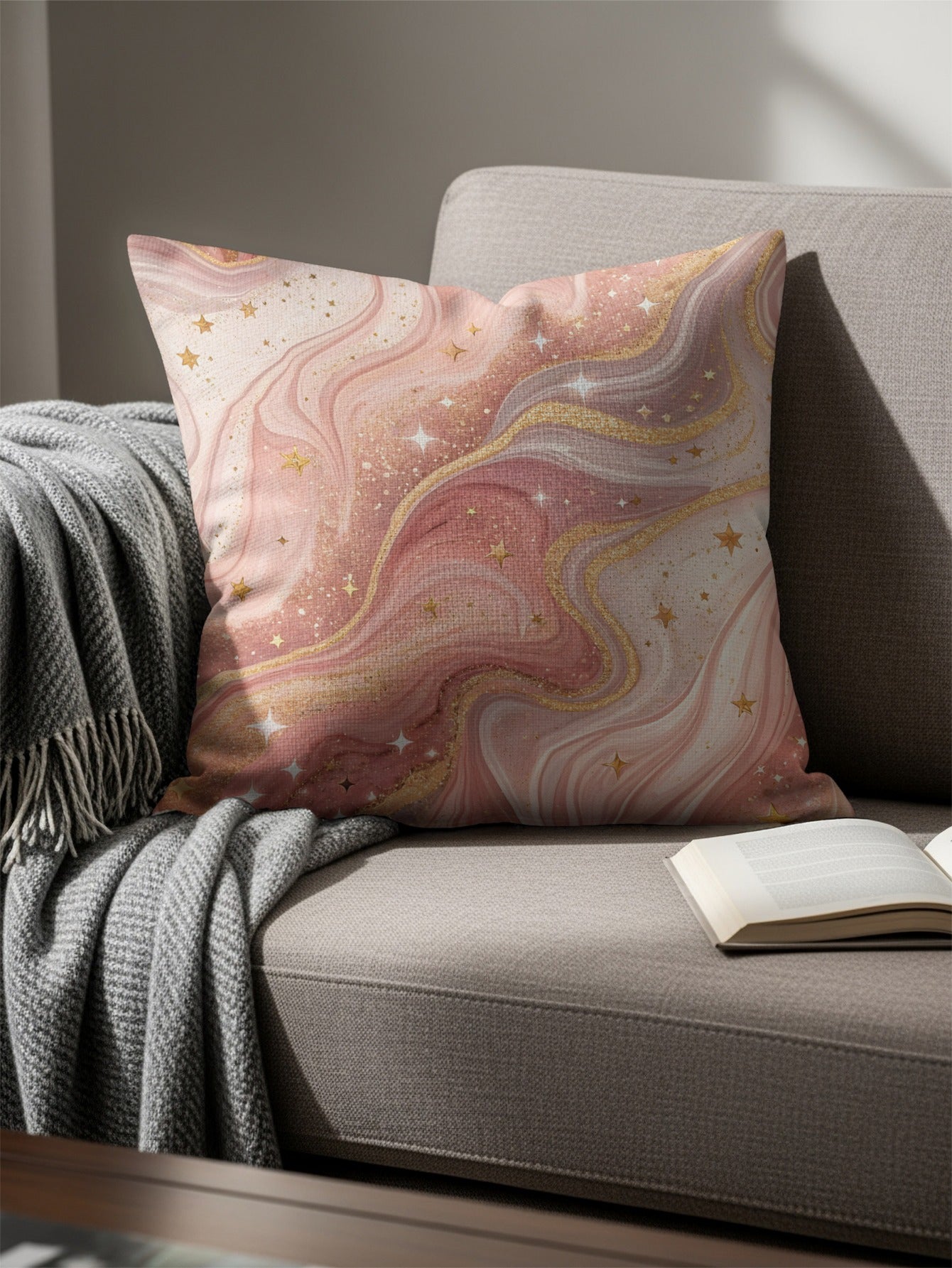 Pink Gold Glitter Swirl Stars Design Pattern Throw Pillows - Walk Greener