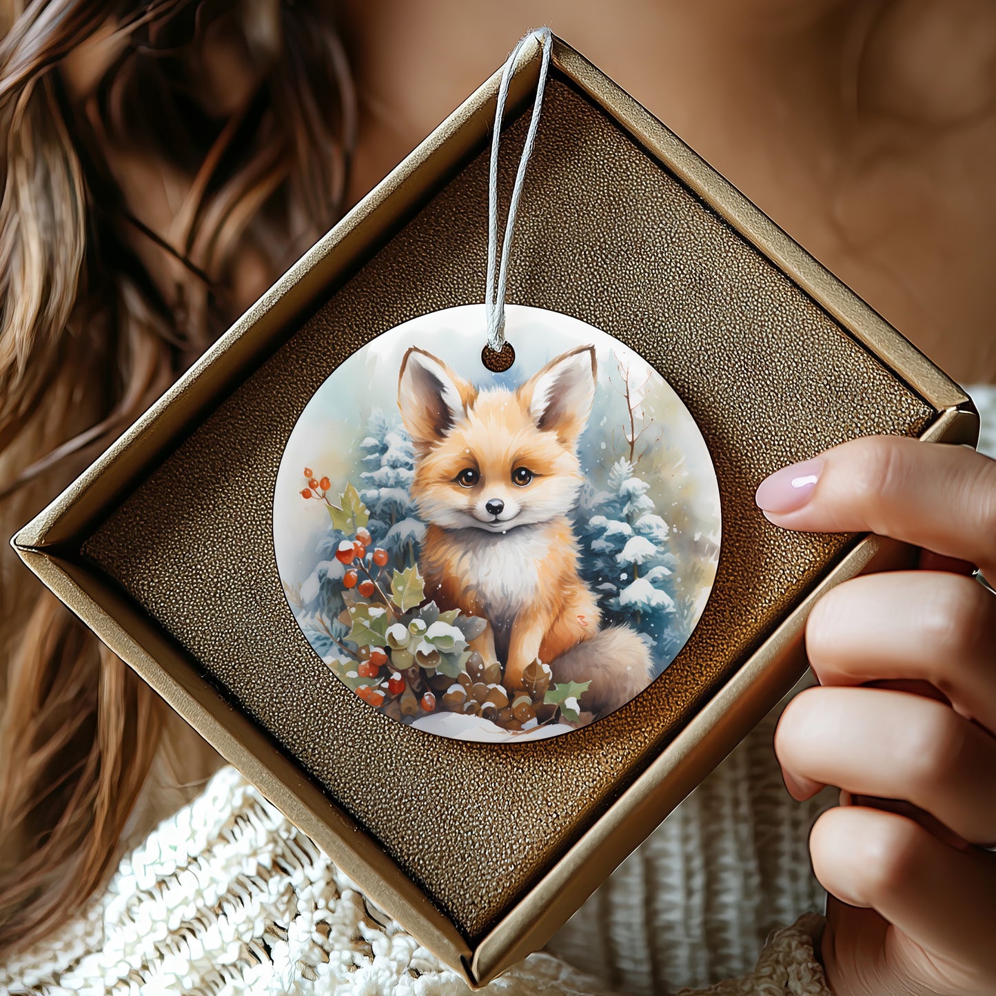 Adorable Fox Illustration Winter Scene Ornament product type