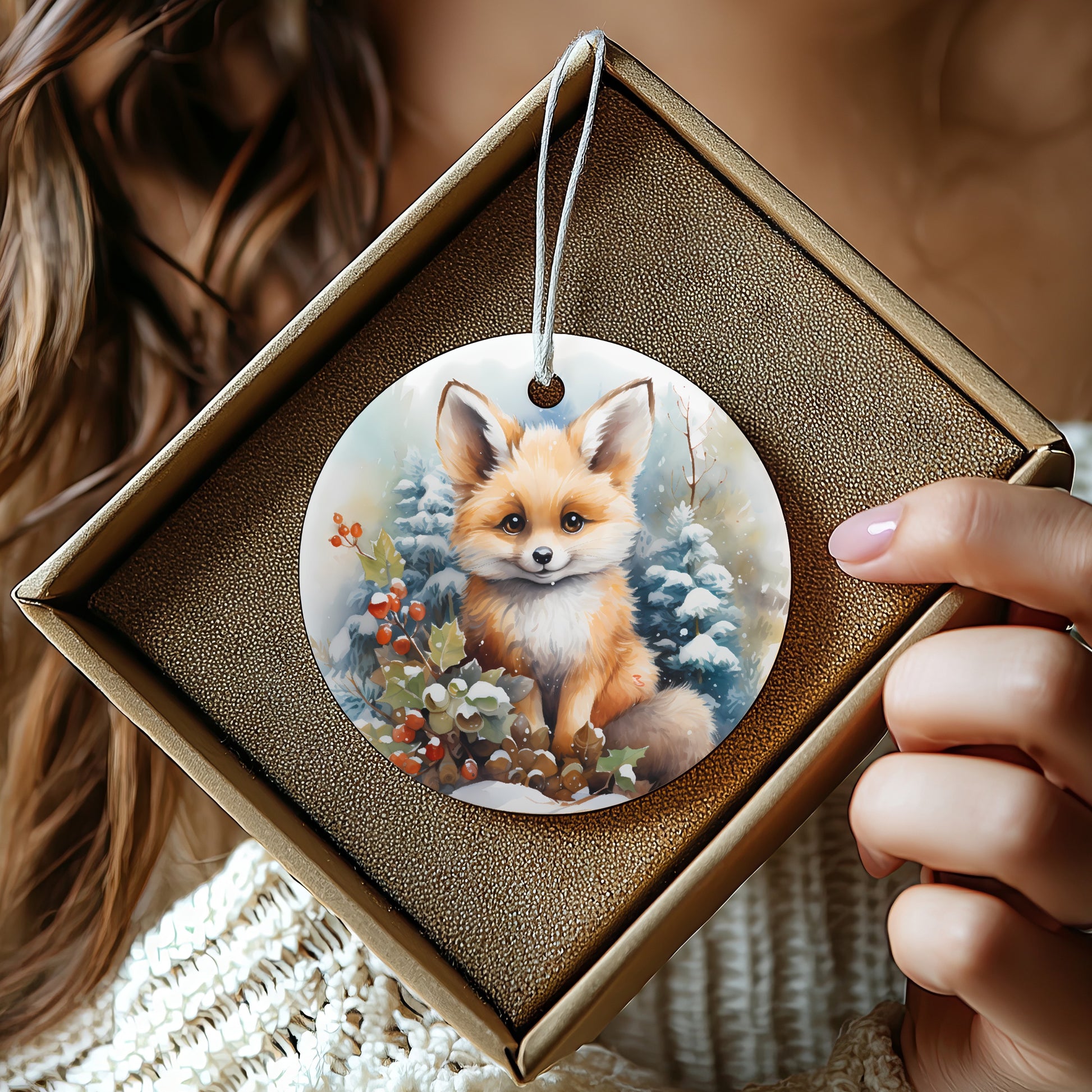 Adorable Fox Illustration Winter Scene Ornament product type